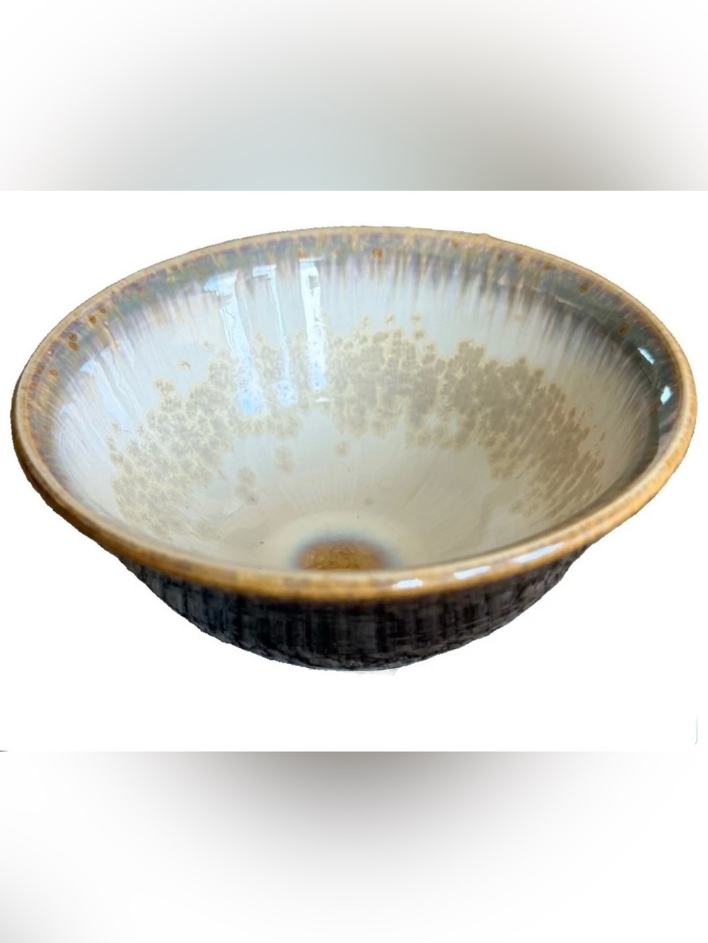 Studio Art Pottery Bowl Blue Cream Brown Crystalline Crackle Glaze 6” Signed